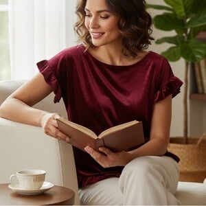 Wi‎ & Co Velvet Holiday Plush Burgundy Blouse